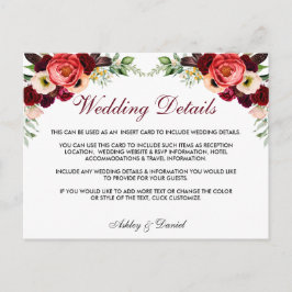 Bloemen Bourgondië Boho bruiloft details invoegen Briefkaart
