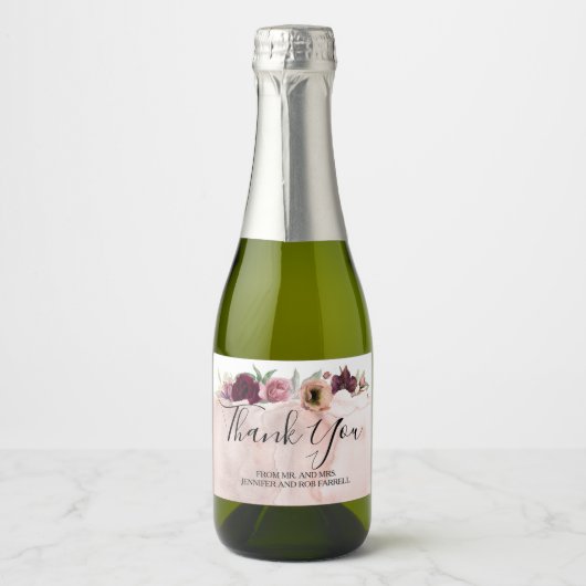 Bloemen Bourgondië en Blush bruiloft gunst Sparkling Wijnetiket (Voorkant)