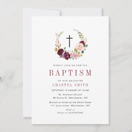 Bloemen Bourgondië en blush doop uitnodiging (Voorkant)