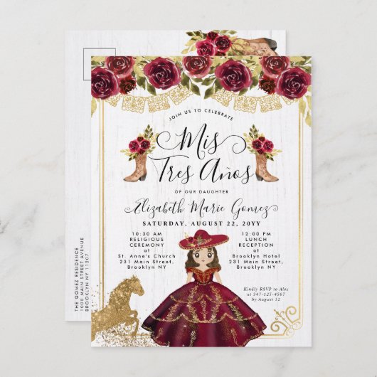 Bloemen Bourgondië Goud Mini Prinses Quinceanera Uitnodiging Briefkaart (Voorkant / Achterkant)