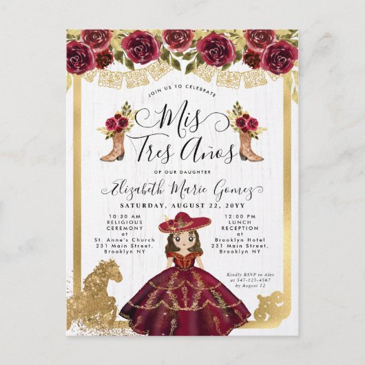 Bloemen Bourgondië Goud Mini Prinses Quinceanera Uitnodiging Briefkaart (Voorkant)