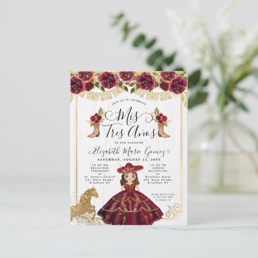 Bloemen Bourgondië Goud Mini Prinses Quinceanera Uitnodiging Briefkaart (Staand voorkant)