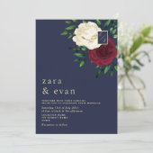 Bloemen Bourgondië Marine Blauwe bruiloft Kaart (Staand voorkant)