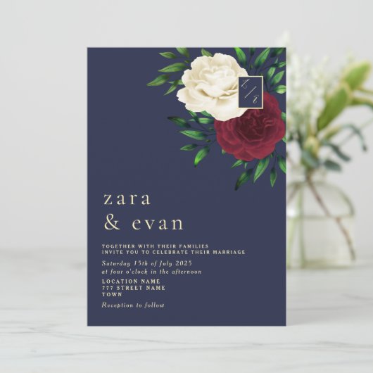 Bloemen Bourgondië Marine Blauwe bruiloft Kaart (Staand voorkant)