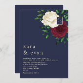 Bloemen Bourgondië Marine Blauwe bruiloft Kaart (Voorkant / Achterkant)