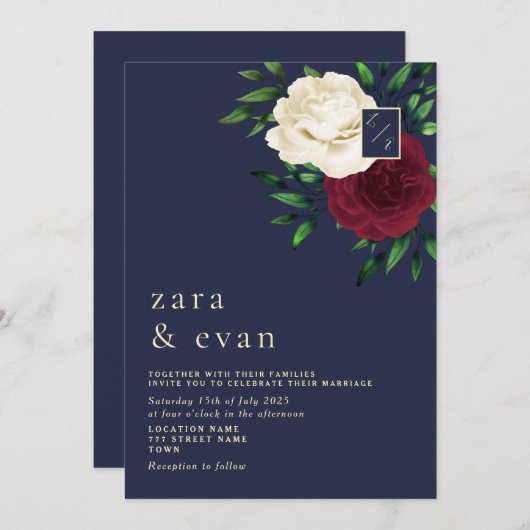 Bloemen Bourgondië Marine Blauwe bruiloft Kaart (Voorkant / Achterkant)