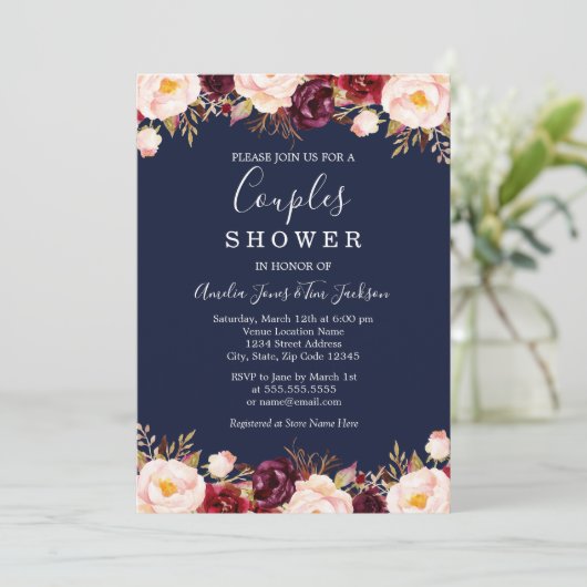 Bloemen Bourgondië Navy Trouwkoppels Douche Kaart (Staand voorkant)