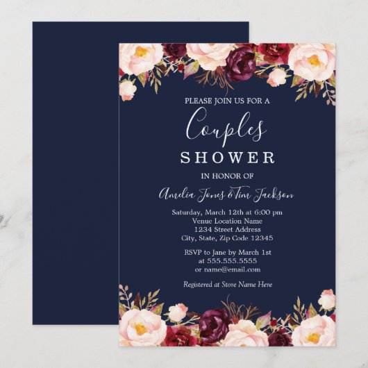 Bloemen Bourgondië Navy Trouwkoppels Douche Kaart (Voorkant / Achterkant)