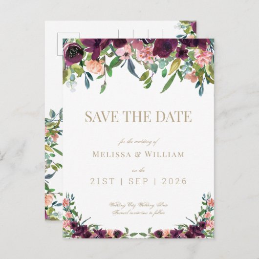 Bloemen Bourgondië Waterverf Ivoor Save the Date Aankondigingskaart (Voorkant / Achterkant)