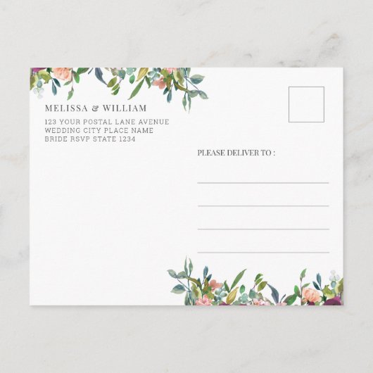 Bloemen Bourgondië Waterverf Ivoor Save the Date Aankondigingskaart (Achterkant)