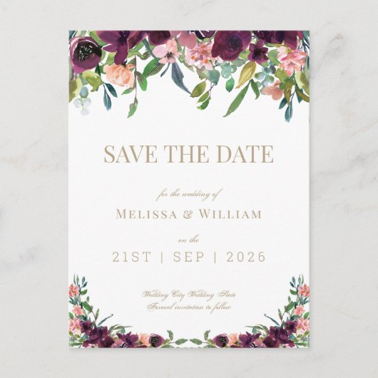 Bloemen Bourgondië Waterverf Ivoor Save the Date Aankondigingskaart (Voorkant)