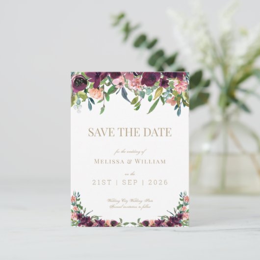Bloemen Bourgondië Waterverf Ivoor Save the Date Aankondigingskaart (Staand voorkant)
