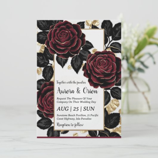 Bloemen Bourgondië zwart en goud bruiloft uitnodig Kaart (Staand voorkant)
