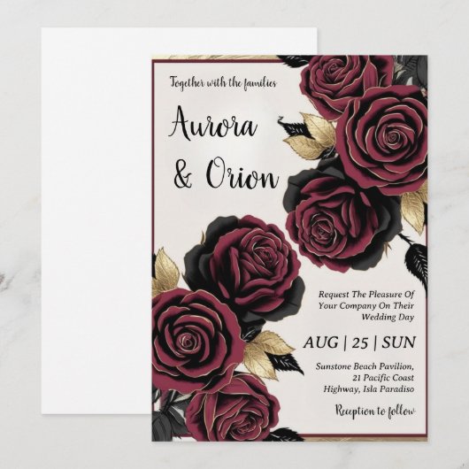 Bloemen Bourgondië zwart en goud bruiloft uitnodig Kaart (Voorkant / Achterkant)