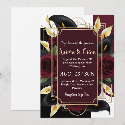 Bloemen Bourgondië zwart en goud bruiloft uitnodig Kaart (Voorkant / Achterkant)