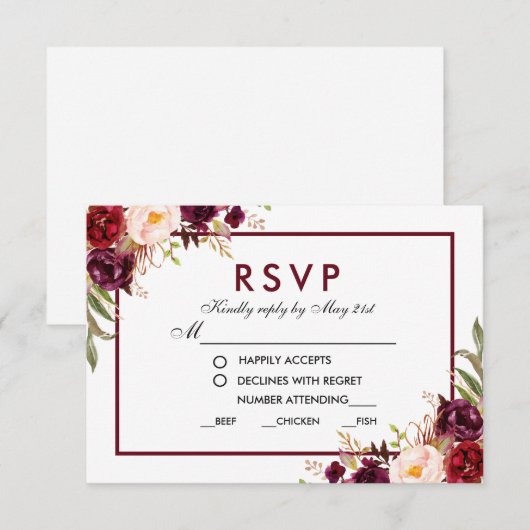 Bloemen Bourgondische bruiloft maaltijd RSVP (Voorkant / Achterkant)
