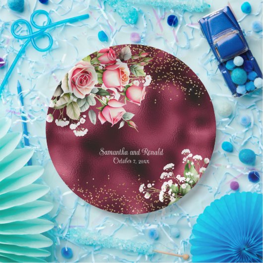 Bloemen Bourgondische Folie en gouden Glitter Brui Papieren Bordje (Feest)