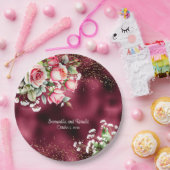 Bloemen Bourgondische Folie en gouden Glitter Brui Papieren Bordje (Feest)