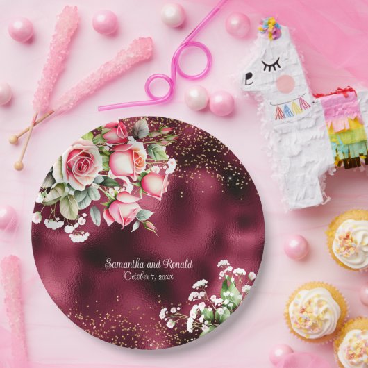 Bloemen Bourgondische Folie en gouden Glitter Brui Papieren Bordje (Feest)