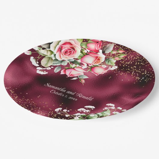 Bloemen Bourgondische Folie en gouden Glitter Brui Papieren Bordje (Gekanteld)