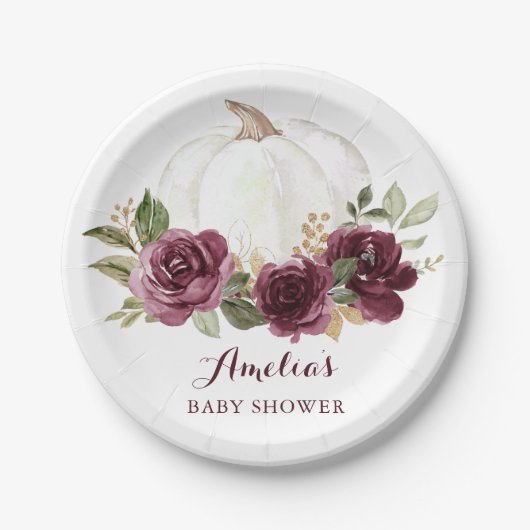 Bloemen Bourgondische pompoen Marsala Baby shower Papieren Bordje (Voorkant)