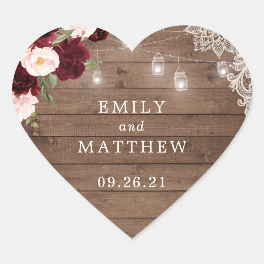 Bloemen Bourgondische rustieke houten kanten strin Hart Sticker (Voorkant)