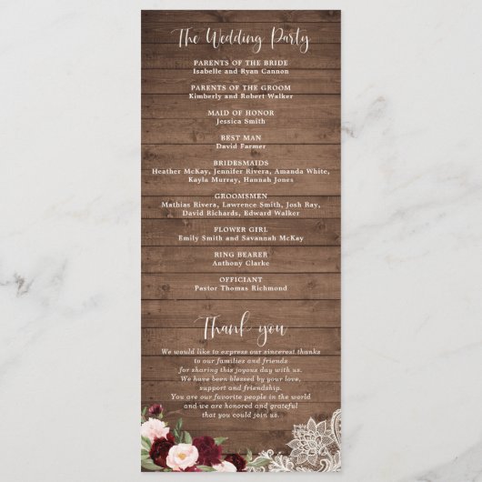 Bloemen Bourgondische rustieke houten kanten strin Programmakaart (Achterkant)