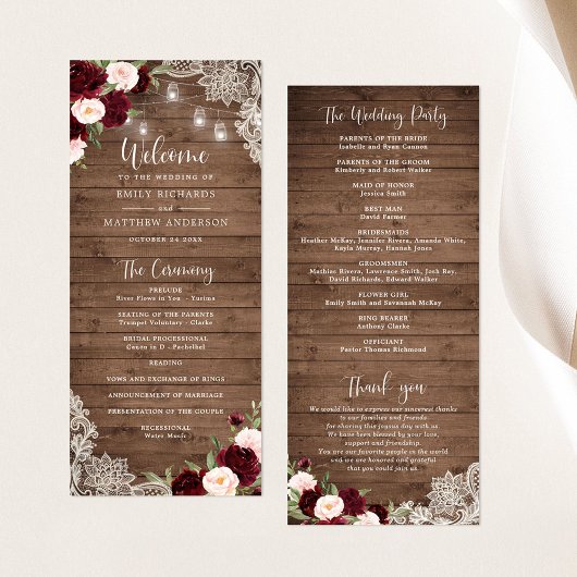 Bloemen Bourgondische rustieke houten kanten strin Programmakaart