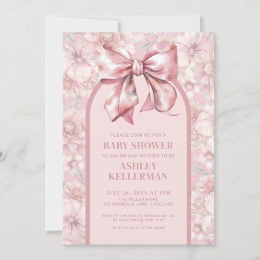 Bloemen Bow Roze Meisje Baby shower Kaart (Voorkant)