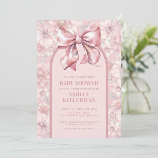 Bloemen Bow Roze Meisje Baby shower Kaart (Staand voorkant)
