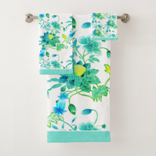 Bloemen Bright Blues Geel op Wit Bad Handdoek