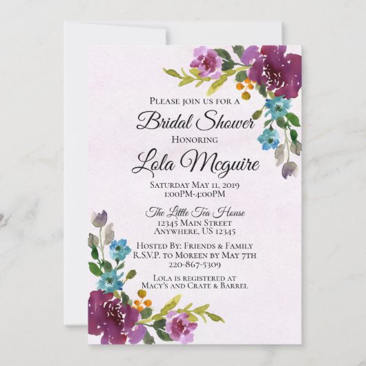 Bloemen Bruids Douche Uitnodiging - Jewel Tones (Voorkant)