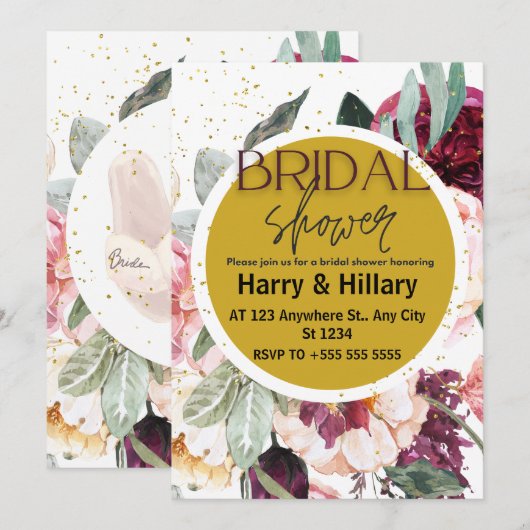 Bloemen Bruids Douche Uitnodiging met Gold Circle (Voorkant / Achterkant)