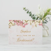 Bloemen bruidsmeisje voorstel roze orchidee marmer feestdagenkaart (Staand voorkant)