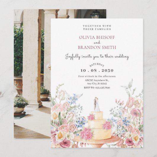 Bloemen bruidstaart kaart (Voorkant / Achterkant)