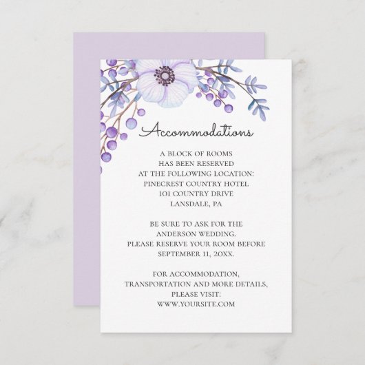 Bloemen bruiloft accommodaties. Paarse bloemen Informatiekaartje (Voorkant / Achterkant)