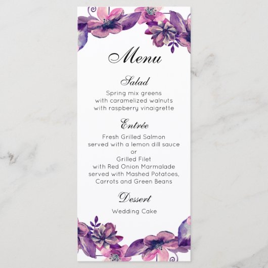 Bloemen bruiloft diner menu Paarse bloem menu kaar (Voorkant)
