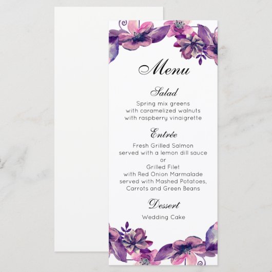 Bloemen bruiloft diner menu Paarse bloem menukaart (Voorkant / Achterkant)