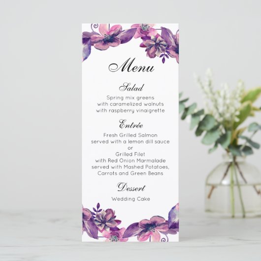 Bloemen bruiloft diner menu Paarse bloem menukaart (Staand voorkant)