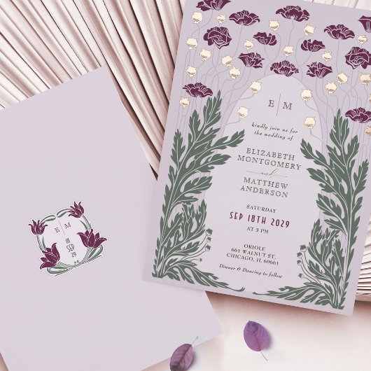  Bloemen Bruiloft Lavendel Roos Goud Folie Uitnodiging