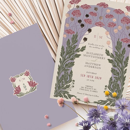  Bloemen Bruiloft Lavendel Roos Goud Folie Uitnodiging