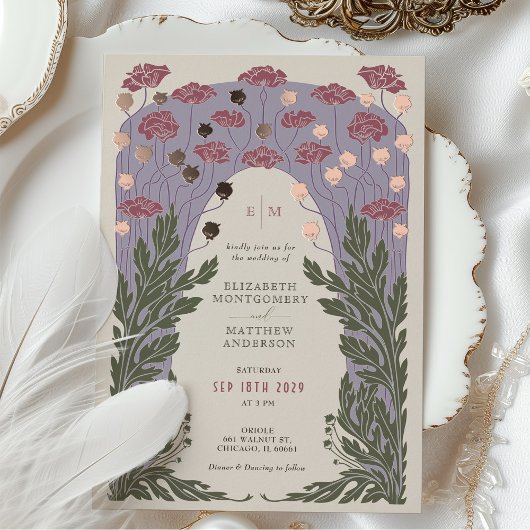  Bloemen Bruiloft Lavendel Roos Goud Folie Uitnodiging