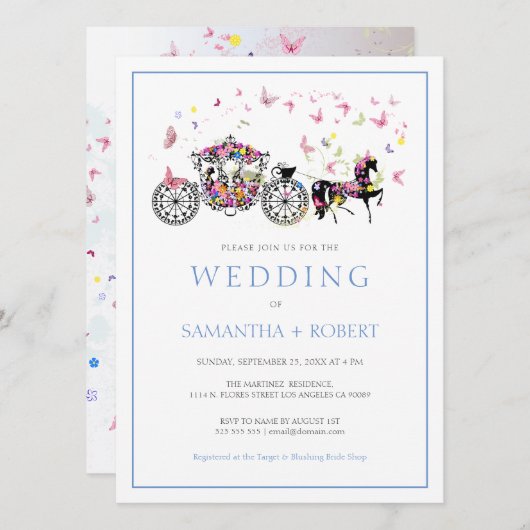 Bloemen Bruiloft Paard Carriage Vlinders Bruiloft Kaart (Voorkant / Achterkant)