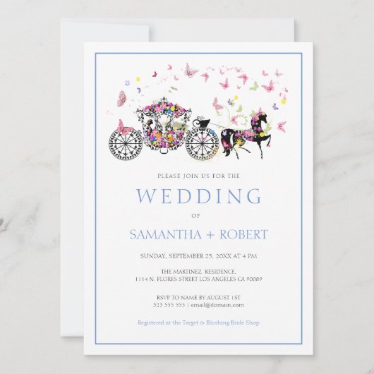 Bloemen Bruiloft Paard Carriage Vlinders Bruiloft Kaart (Voorkant)