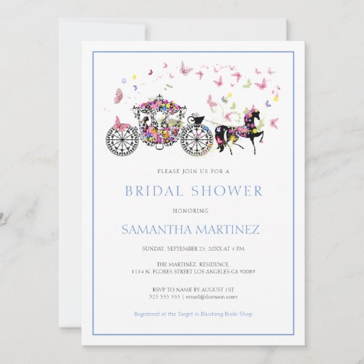 Bloemen bruiloft paard koets vlinders bruids kaart (Voorkant)