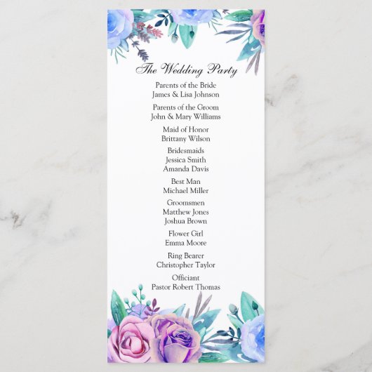 Bloemen bruiloft programma blauw. Boho ceremonieka Programmakaart (Achterkant)