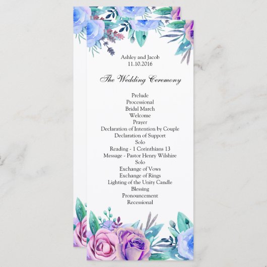Bloemen bruiloft programma blauw. Boho ceremonieka Programmakaart (Voorkant / Achterkant)