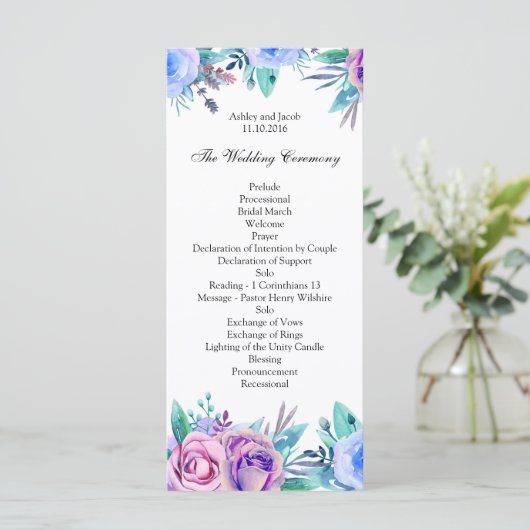 Bloemen bruiloft programma blauw. Boho ceremonieka Programmakaart (Staand voorkant)