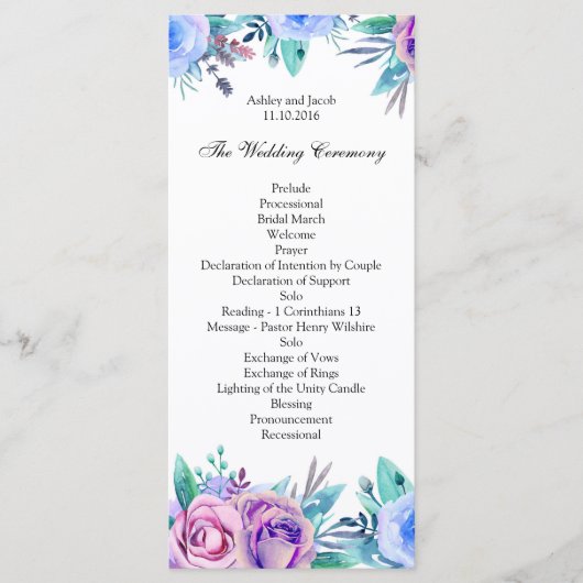 Bloemen bruiloft programma blauw. Boho ceremonieka Programmakaart (Voorkant)