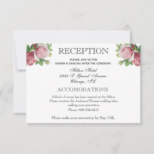 Bloemen bruiloft receptie roze rozen  RSVP kaartje (Voorkant)